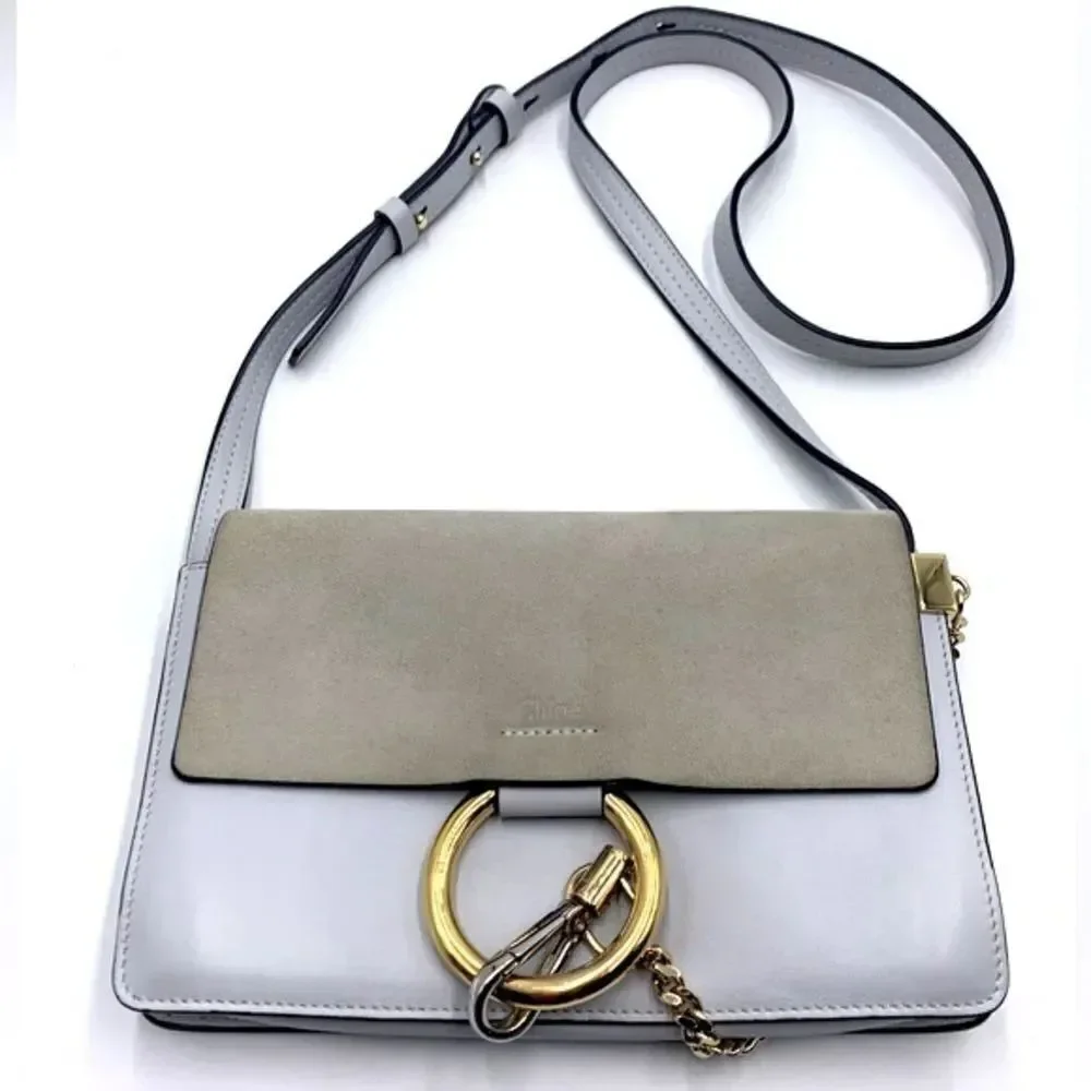 Auth CHLOE Small Faye Crossbody Bag Powder Blue Leather Putty Suede Very Good